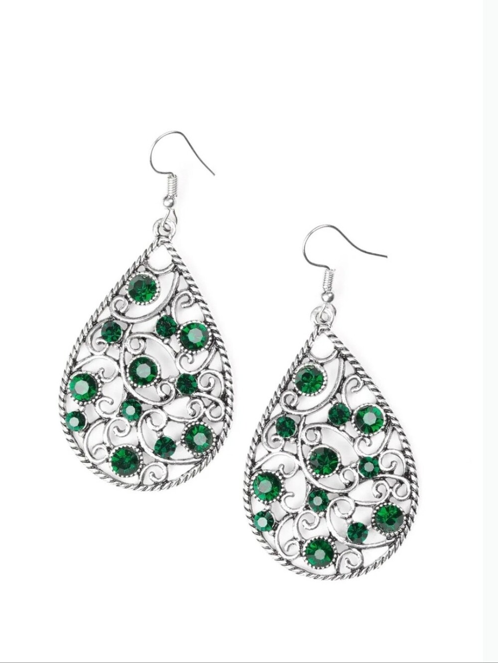 Paparazzi Silver Filigree Teardrop Earrings with Emerald Rhinestones - Picture 2 of 12